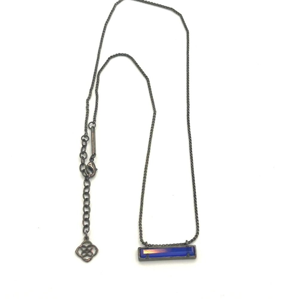 Kendra Scott Leanor Bar Pendant Necklace Blue Gunmetal Tone Adjustable Chain‎